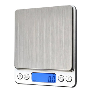 A brushed stainless steel mini pocket scale with blue lcd, four buttons, and food portable mini design