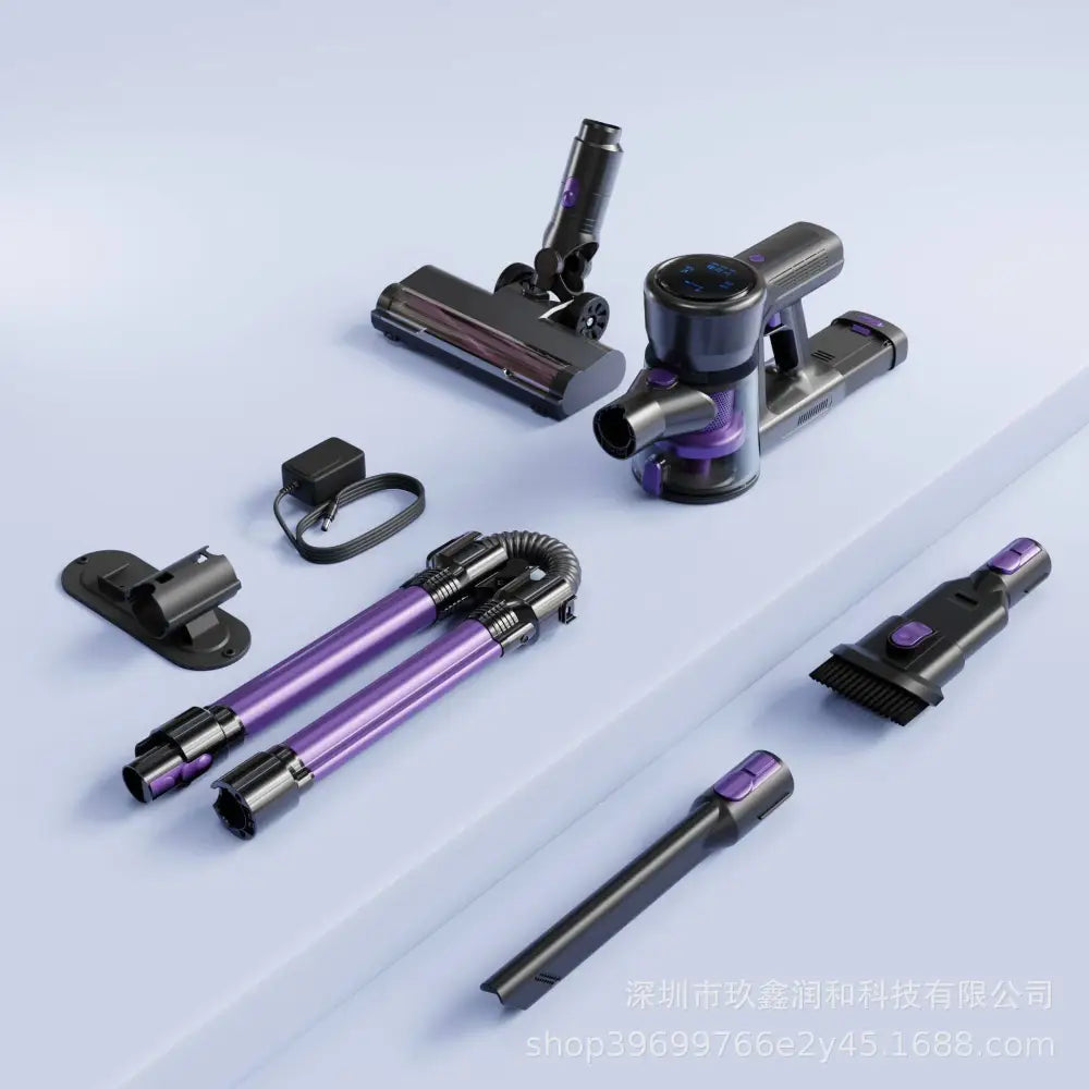 Purple and black foldable handheld vacuum cleaner with brushless large suction and multiple attachments for versatile cleaning