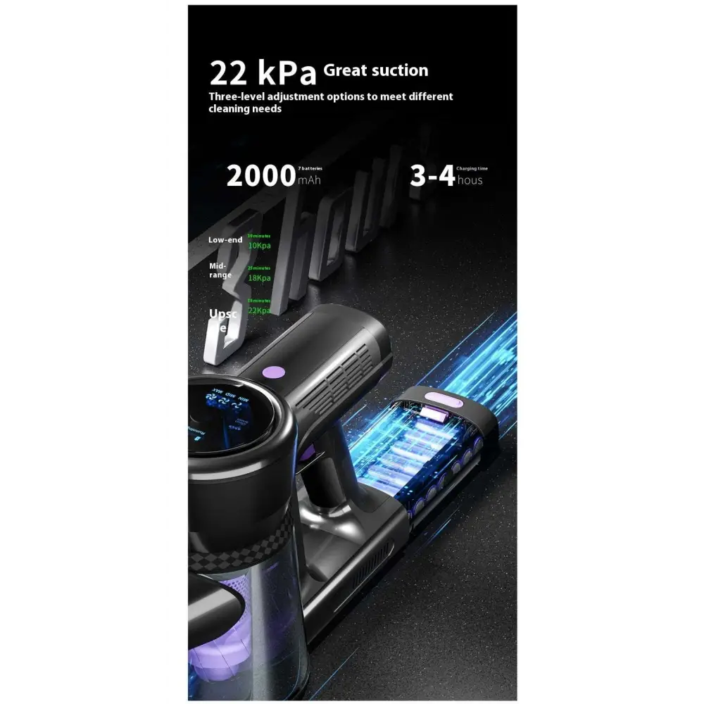 Black and silver foldable handheld vacuum cleaner with brushless large suction digital display and blue led lighting