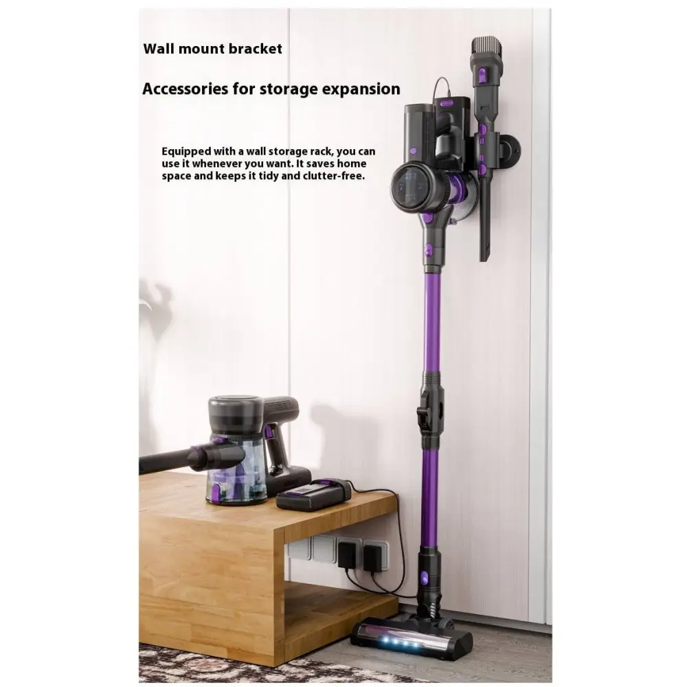 Purple and black foldable handheld vacuum cleaner with brushless large suction and wall mount bracket visible from the back side