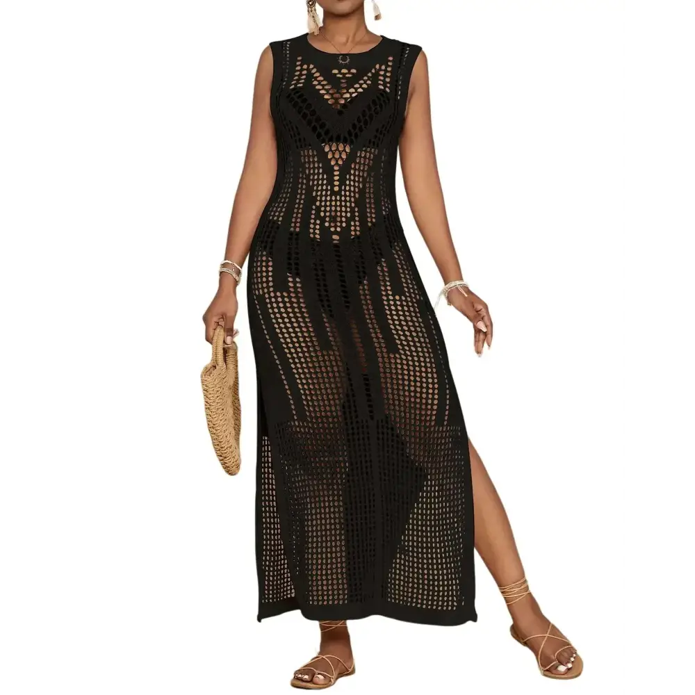 Black sleeveless crochet beach cover up maxi dress with geometric mesh pattern and high side slit by bsubseach crochet beach