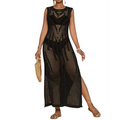 Black sleeveless bsubseach crochet beach cover up maxi dress with geometric mesh pattern and high side slit