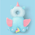 A soft light blue bunny ear mesh toddler head protection pad shaped like a unicorn with pink ears horn and plush wings