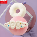 Pink and cream plush donut shaped bunny ear mesh toddler head protection pad with purple antennae and embroidered wings
