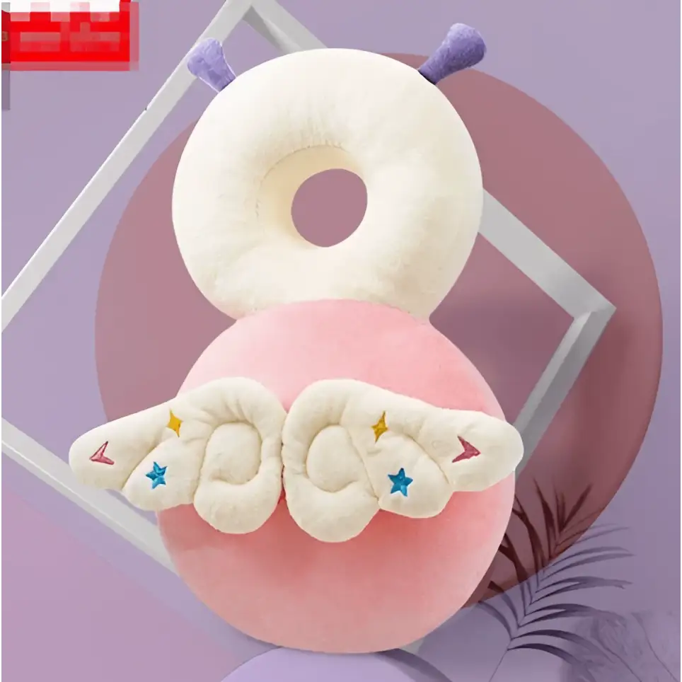 Pink and cream plush donut shaped bunny ear mesh toddler head protection pad with purple antennae and embroidered wings