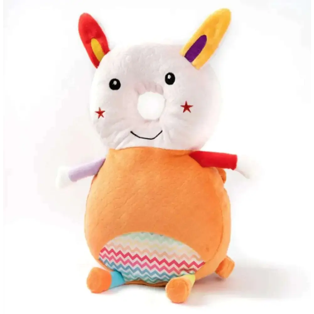 A plush white and orange bunny ear mesh toddler head protection pad with colorful ears and a patterned body