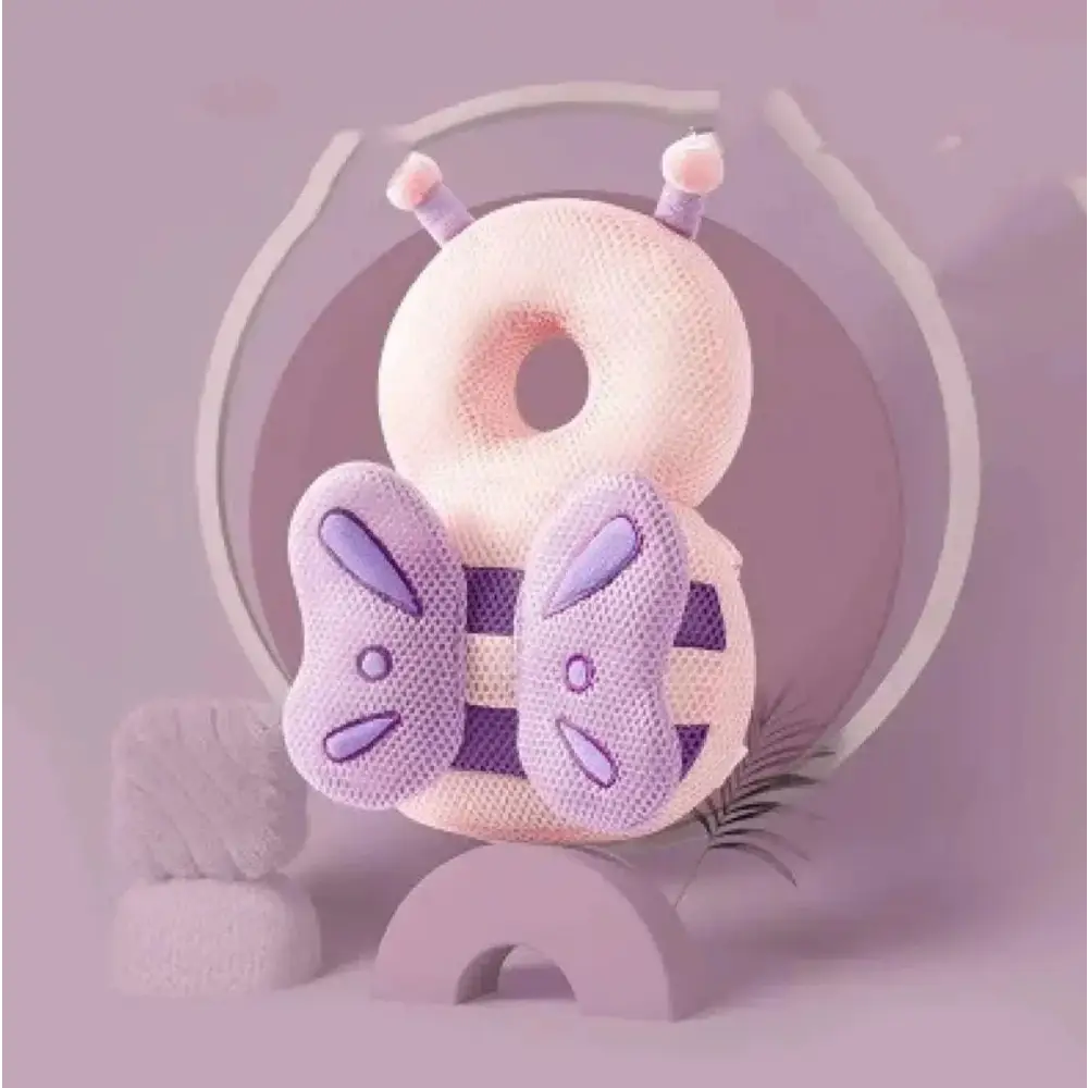 Pastel pink and lavender mesh donut-shaped head protection pad with bunny ears for toddler head protection