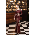 A shimmering burgundy gold mopping long sequin dress with long sleeves and fashion stitching mopping detailing