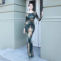 Burgundy gold mopping long sequin dress with a fitted silhouette, long sleeves, and intricate floral fashion stitching mopping patterns
