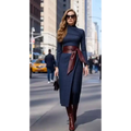 A navy blue plaid midi belted dress with burgundy high neck and wide-waisted bow tied leather belt at the waist