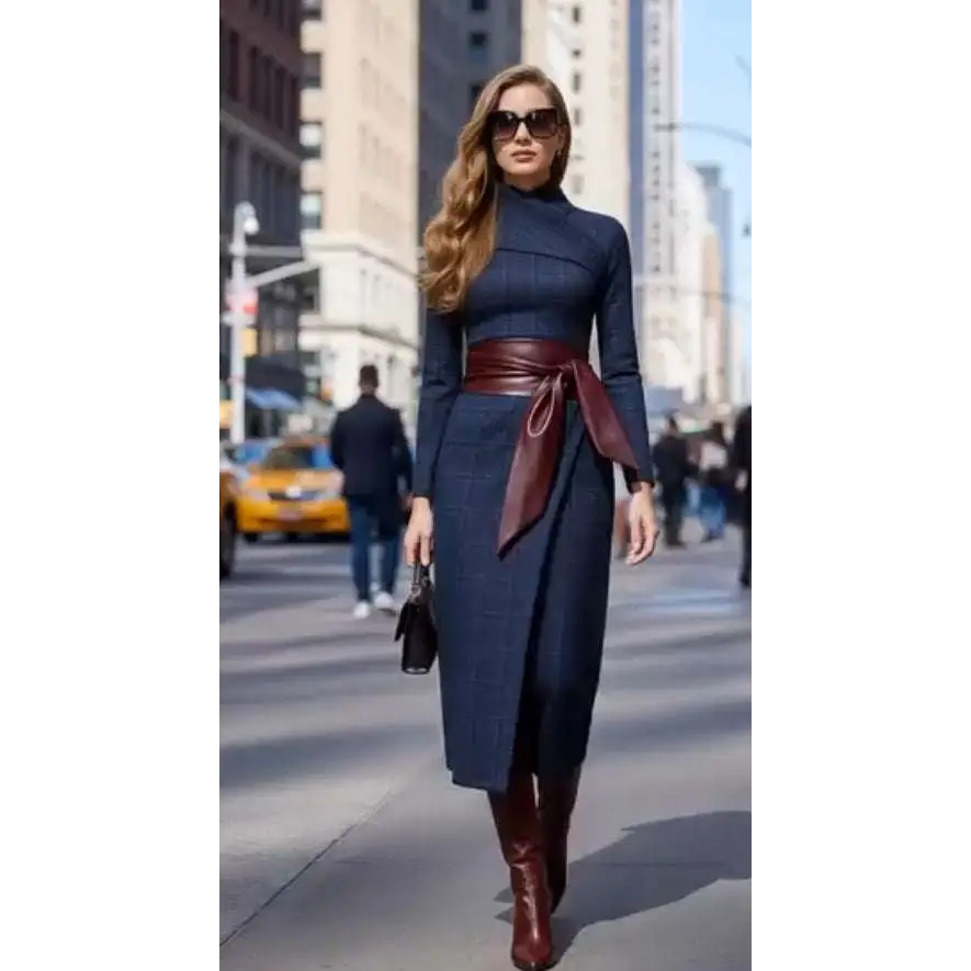A navy blue plaid midi belted dress with burgundy high neck and wide-waisted bow tied leather belt at the waist
