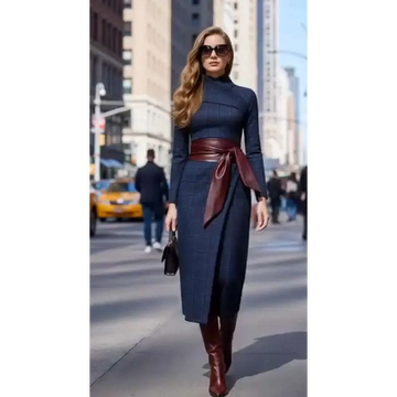 A navy blue plaid midi belted dress with burgundy high neck and wide-waisted bow tied leather belt at the waist