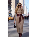 Beige knit burgundy high neck midi belted dress with long sleeves and a wide-waisted maroon leather belt tied in a bow