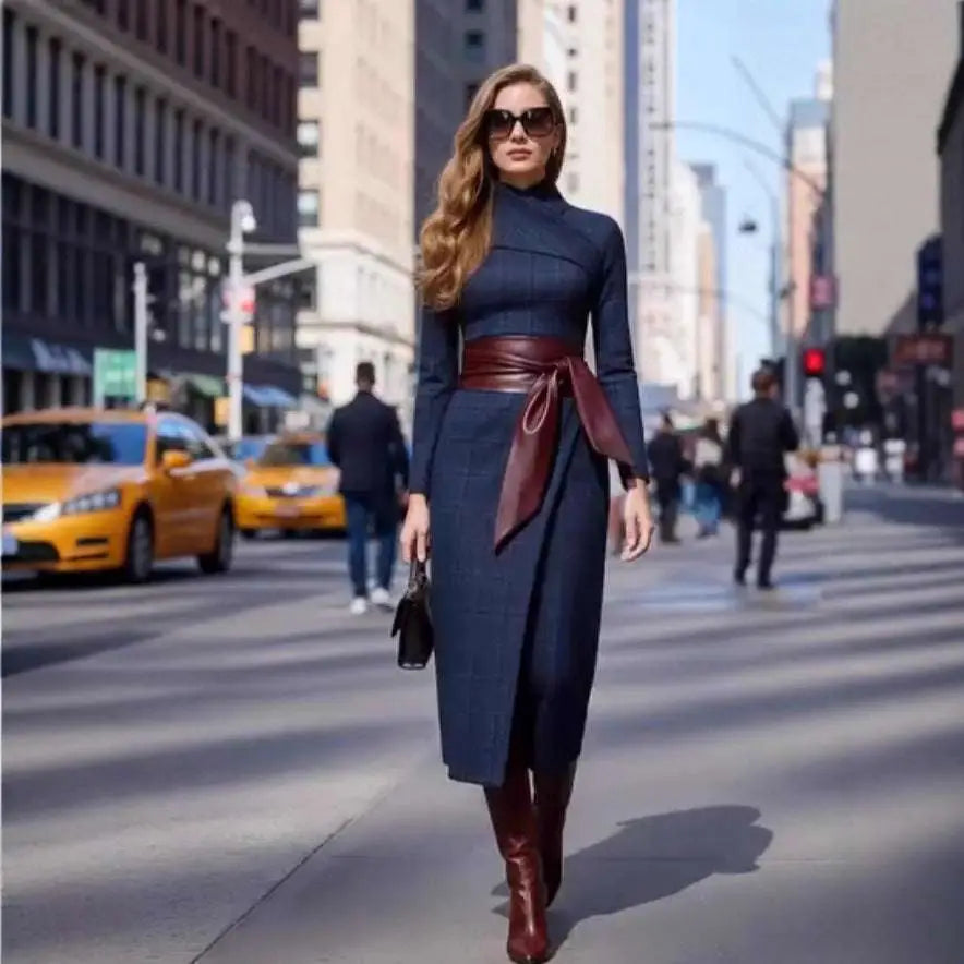 A navy blue midi belted dress with a burgundy high neck wide-waisted belted leather bow at the waist