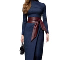 A navy blue plaid midi belted dress with burgundy high neck and wide-waisted belted leather bow at the waist