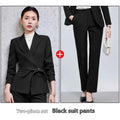 Black tailored blazer with belted waist and peak lapels from burgundy long sleeve small suit two piece set