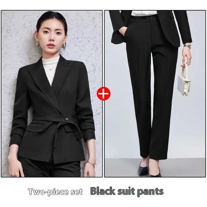 Black tailored blazer with belted waist and peak lapels from burgundy long sleeve small suit two piece set