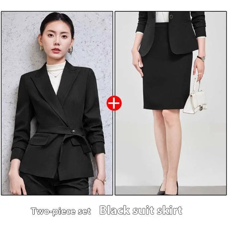 Black tailored suit skirt with sleek form-fitting design and subtle waistband detail in burgundy long sleeve small suit two piece set
