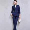 Navy blue tailored blazer with belted waist and long sleeves from burgundy long sleeve small suit two piece set