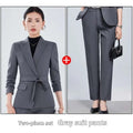 Gray two piece suit set with tailored belt waist blazer and matching straight leg pants for burgundy long sleeve small suit use