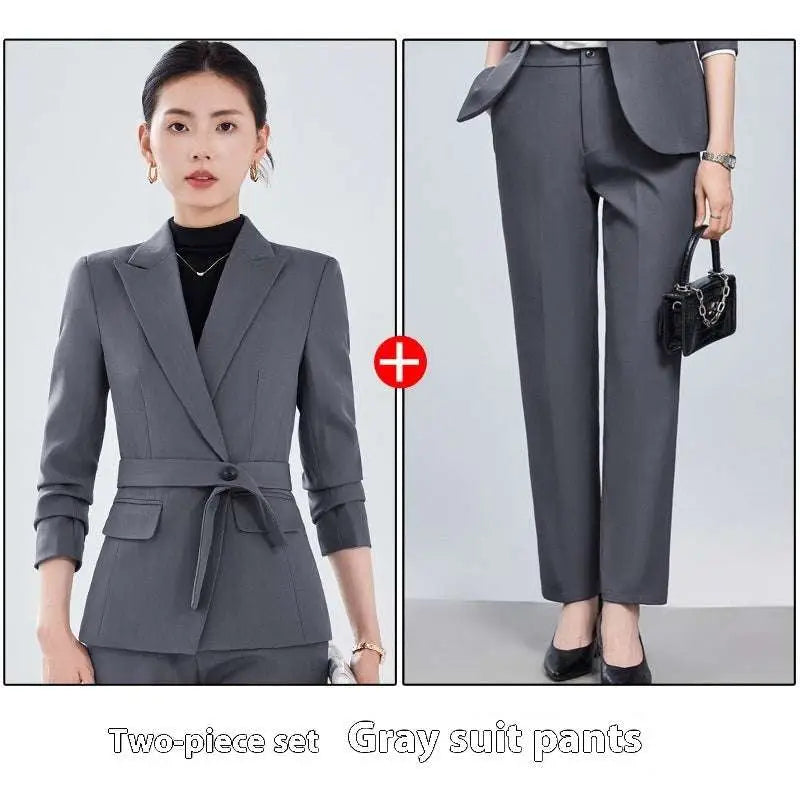 Gray two piece suit set with tailored belt waist blazer and matching straight leg pants for burgundy long sleeve small suit use