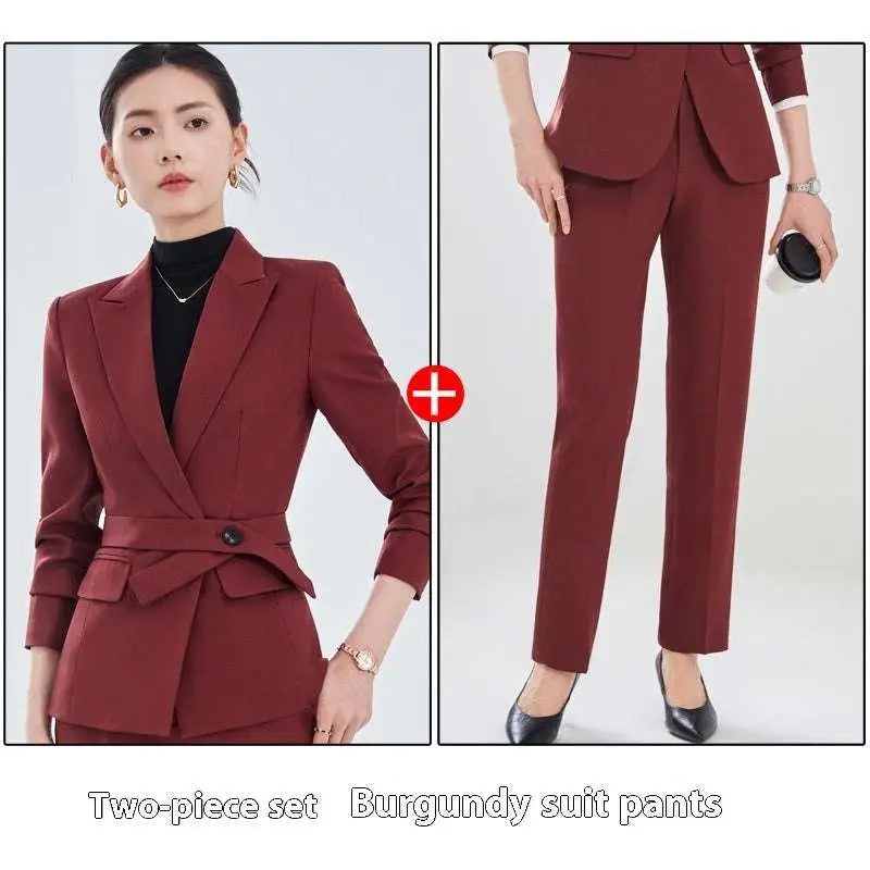 Burgundy long sleeve two piece set featuring a tailored blazer with belted waist and matching slim-fit pants