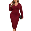 Burgundy long sleeves party midi dress with v-neckline and side slit ideal for long sleeves wedding guest attire