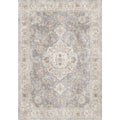 Burgundy ornate short pile area rug in gray and cream with intricate floral and geometric vintage-style patterns
