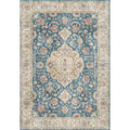 Burgundy ornate short pile area rug with faded blue field, cream and muted pink floral motifs, and geometric borders