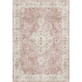 A burgundy ornate short pile area rug with faded dusty rose background and cream floral geometric patterns