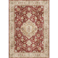 Burgundy ornate short pile area rug with intricate floral and geometric patterns in rich burgundy and cream colors