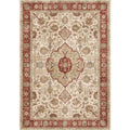 Antique-style burgundy ornate short pile area rug with intricate floral and geometric patterns in cream and earth tones