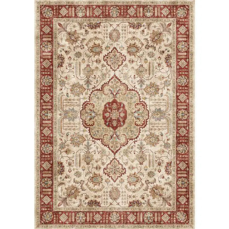 Antique-style burgundy ornate short pile area rug with intricate floral and geometric patterns in cream and earth tones