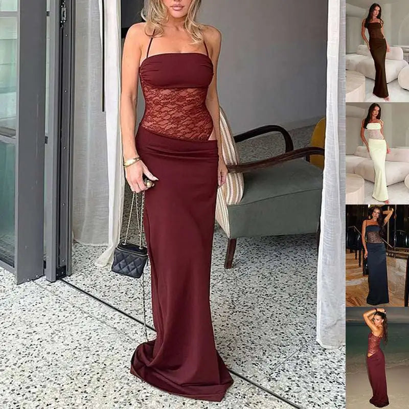 A woman wearing a burgundy satin y2k lace suspender dress with lace detailing across the bodice