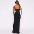 Back view of burgundy satin y2k lace suspender dress featuring black lace and adjustable tie-back straps