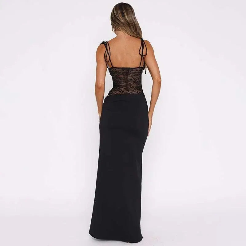 Back view of burgundy satin y2k lace suspender dress featuring black lace and adjustable tie-back straps