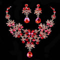 Elegant red crystal butterfly big water drop necklace and earring set with gold-toned metalwork and floral design