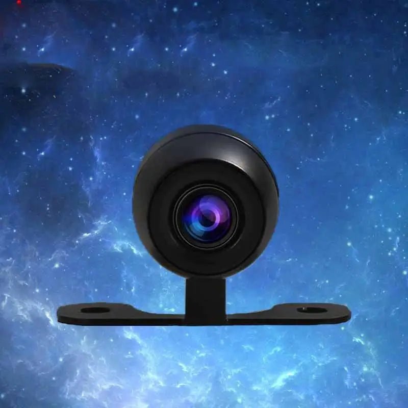 Black spherical butterfly reversing high-definition camera with glossy finish and purple-tinted lens on black bracket