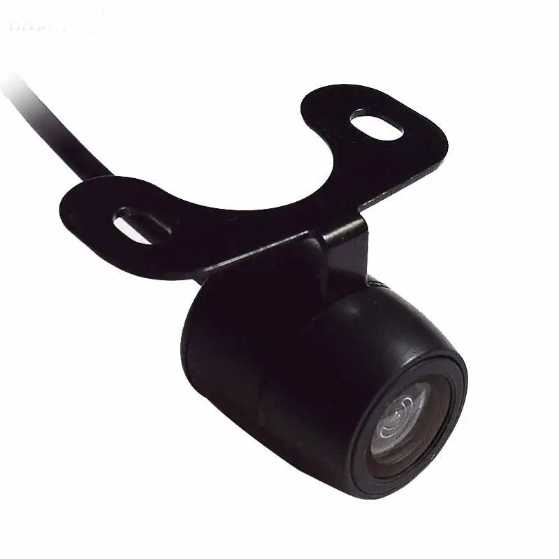 Black plastic butterfly reversing high-definition camera with curved mounting bracket and attached cable shown from the back side