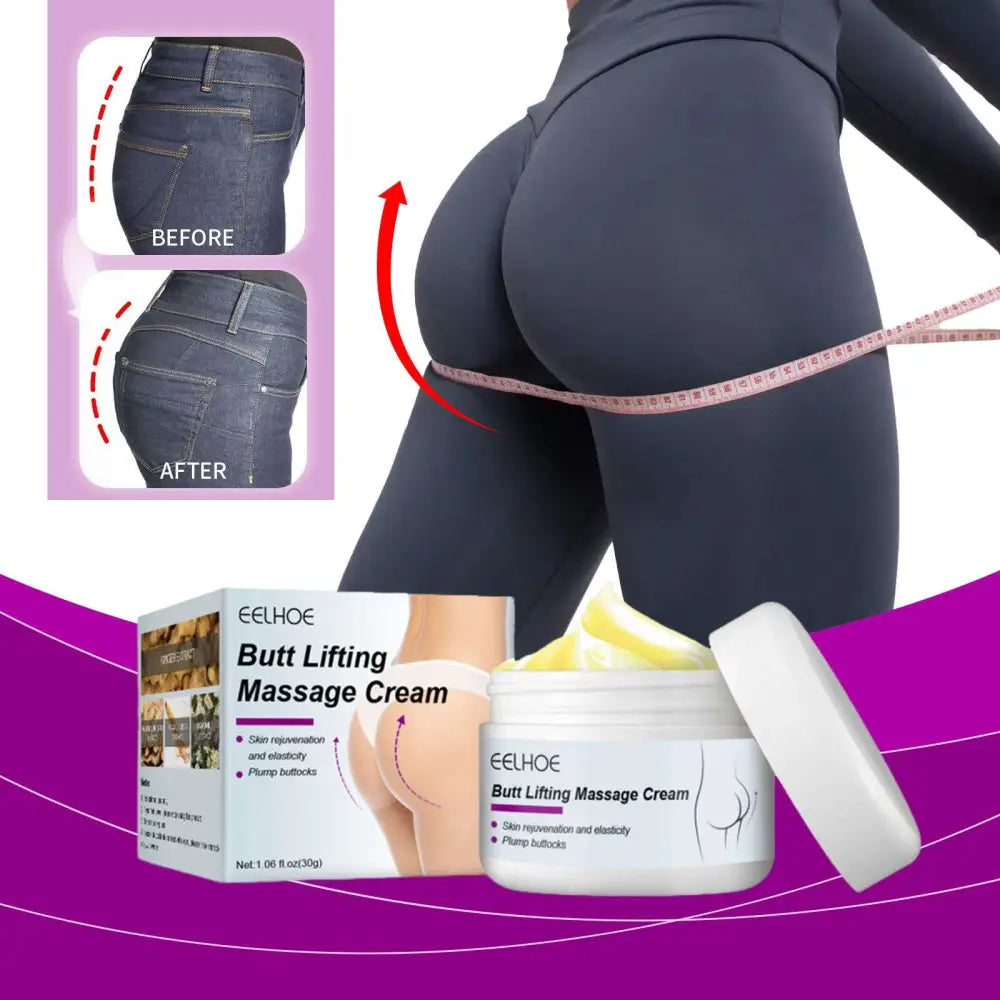 White jar of eelhoe buttock lifting massage cream with yellowish cream inside and open lid for lifting massage cream use