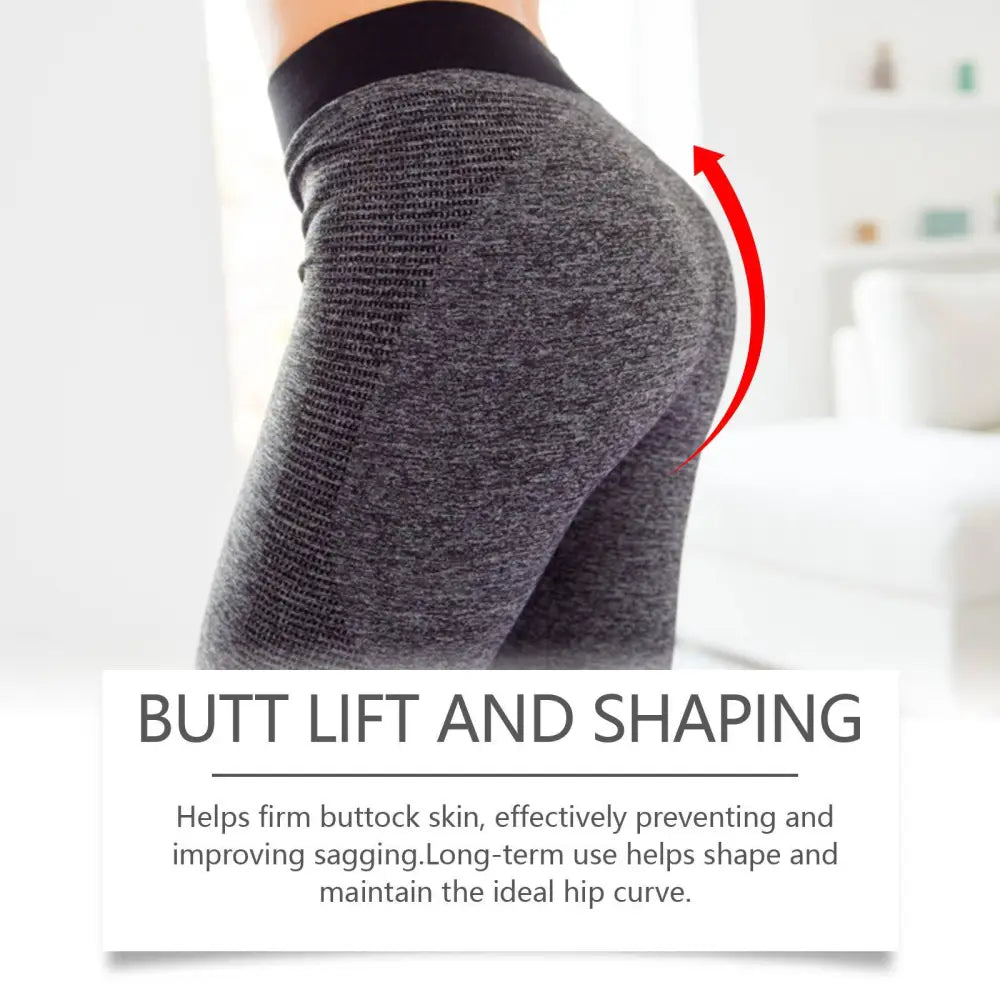Gray marled athletic leggings with black elastic waistband designed for buttock lifting massage and shaping use