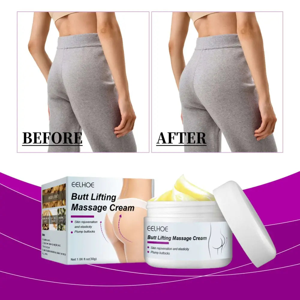White jar of eelhoe buttock lifting massage cream with yellowish cream inside and an open lid for lifting massage cream use