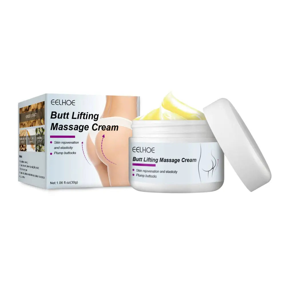 White cylindrical jar of eelhoe buttock lifting massage cream with a matching lid and yellow cream inside for lifting massage