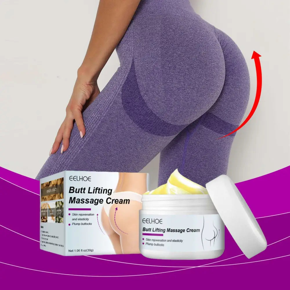 White jar of eelhoe buttock lifting massage cream with yellowish cream inside and open lid for lifting massage cream use