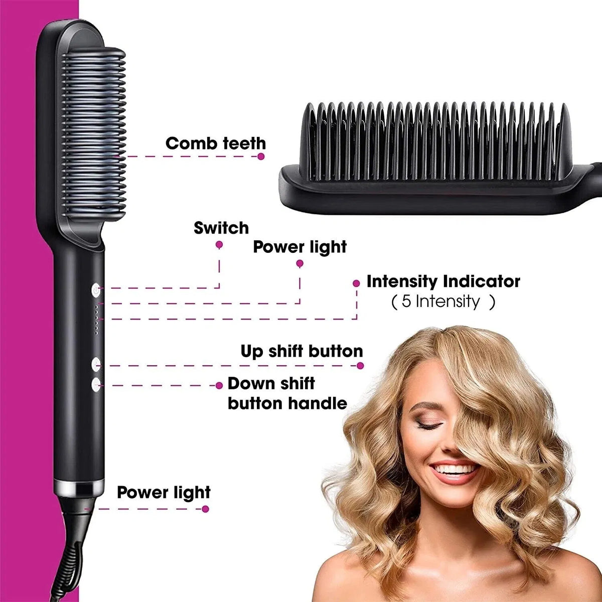 2-in-1 Ceramic Hair Straightener Brush - Heated Straightening Comb with 5 Heat Settings & Auto-Off