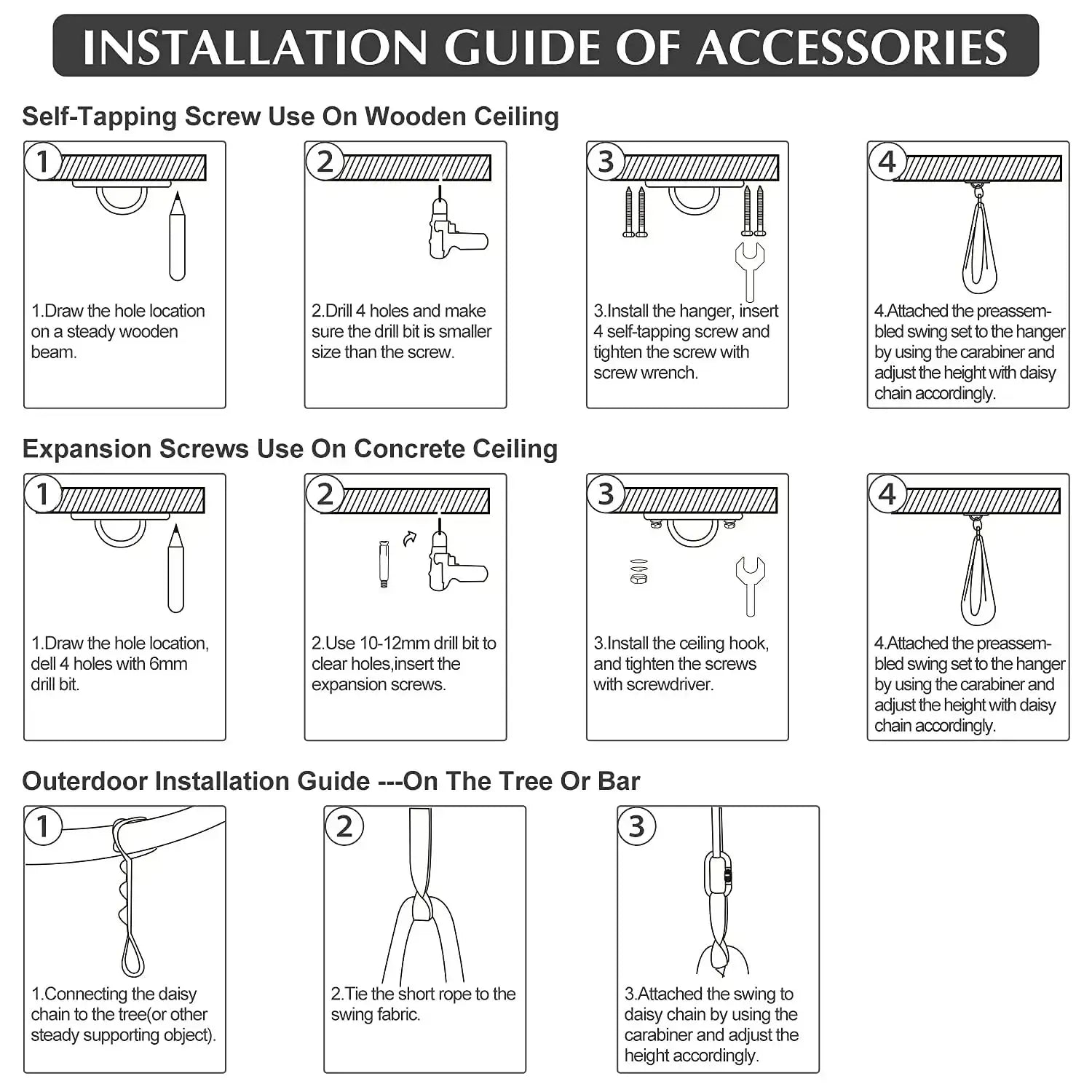Installation guide for hanging a blue indoor outdoor therapy cuddle swing with hardware using various mounting methods.