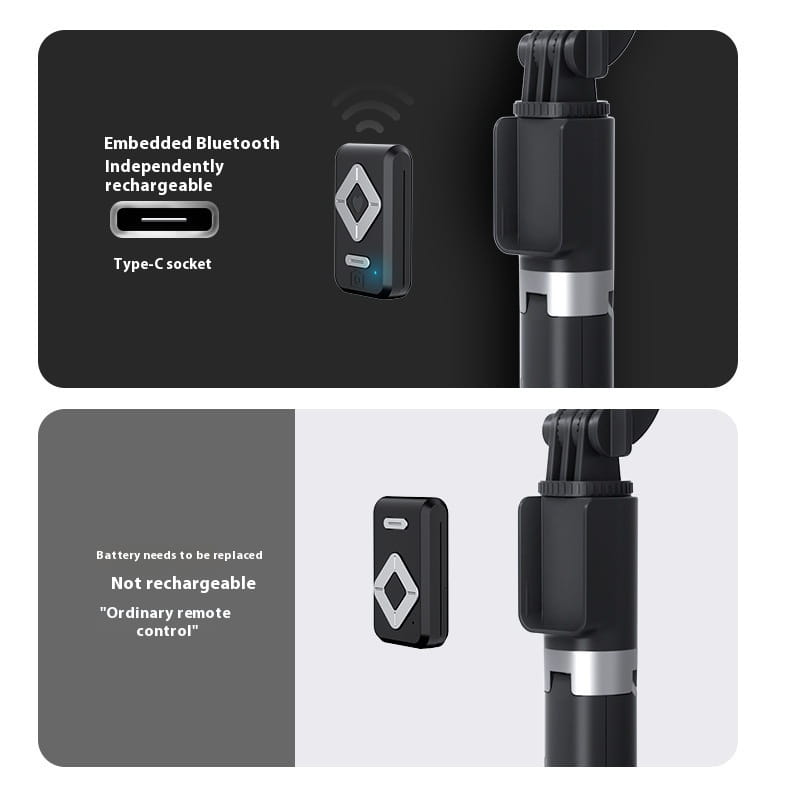 Black rectangular bluetooth remote control with silver diamond-shaped button and type-c charging port for t11 rechargeable black selfie stick with ring light.