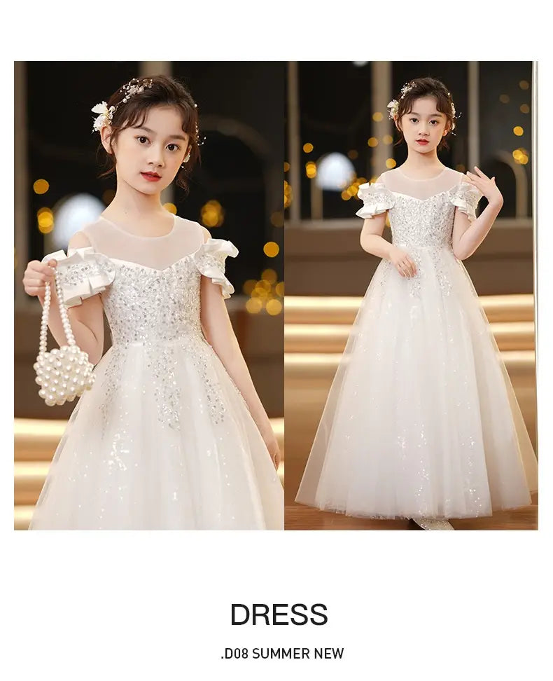 a sparkling white spandex princess dress featuring an off-the-shoulder sequined bodice and ruffled sleeves, perfect as a girls tulle tutu.