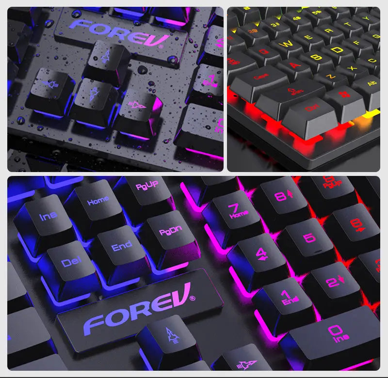 Black RGB four piece keyboard mouse headset bundle featuring a black forev gaming keyboard with textured keycaps and rgb backlighting.