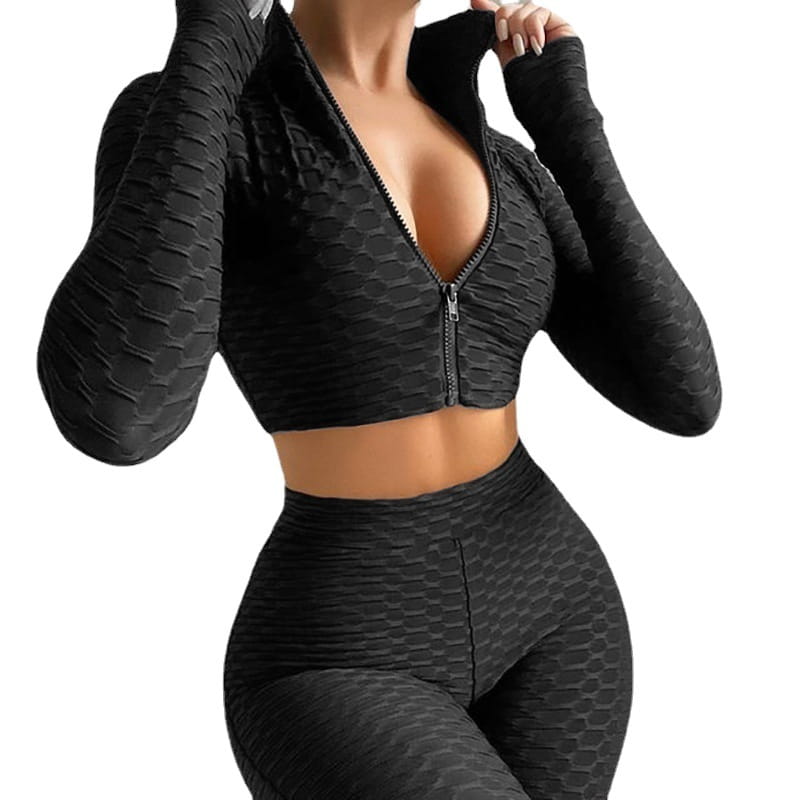 black textured long-sleeve zip-up crop top with matching high-waisted leggings tummy control yoga activewear set designed for butt lift and flexibility